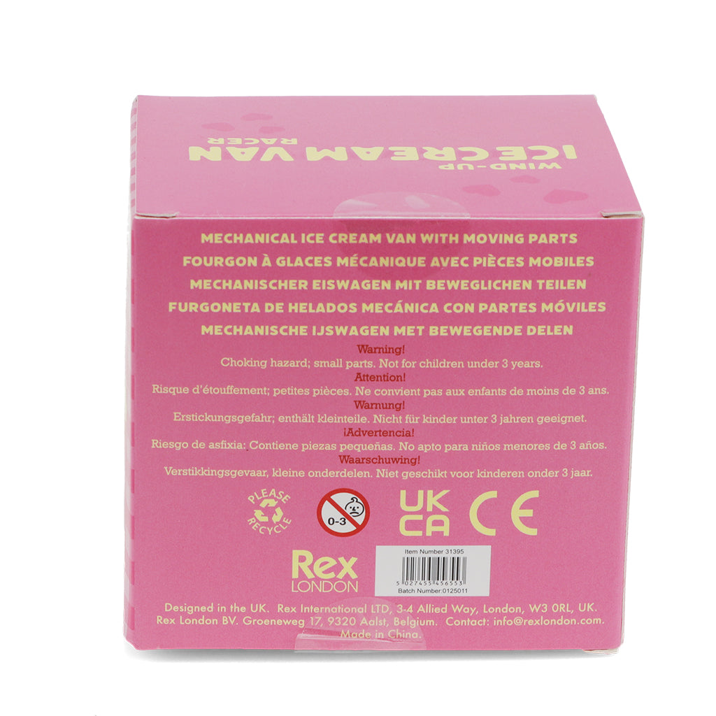 Pink box packaging for a mechanical ice cream van toy by Rex London with text and logos.