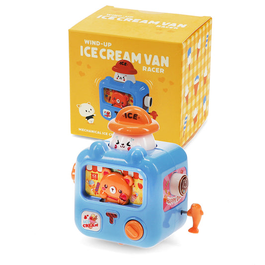 Wind-up ice cream van toy with packaging on a white background