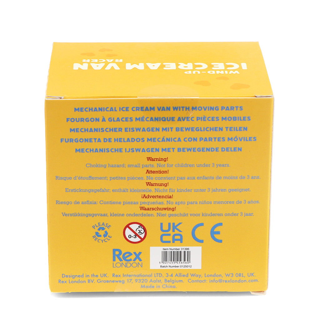 Yellow box packaging for a mechanical ice cream van toy with text and branding on a white background