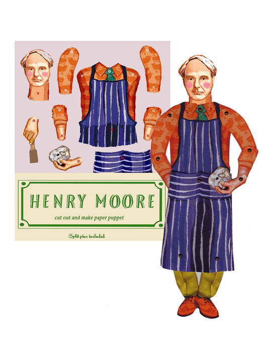 Paper puppet set of Henry Moore with cut-out pieces on a white background