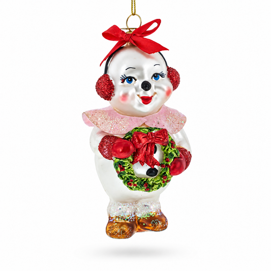Snow Woman With Wreath Glass Christmas Ornament