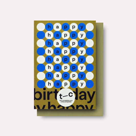 Greeting card with 'happy birthday' text in blue and white circles on a green background