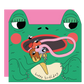 Illustration of a frog holding an ice cream cone with 'happy birthday' text on a pink background