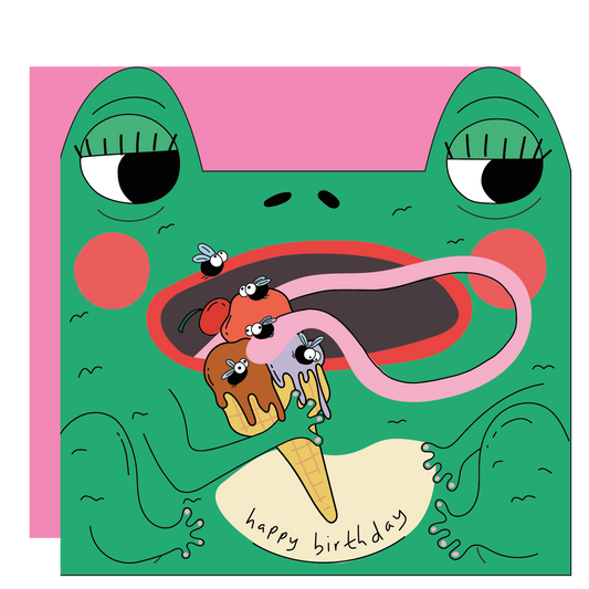 Illustration of a frog holding an ice cream cone with 'happy birthday' text on a pink background