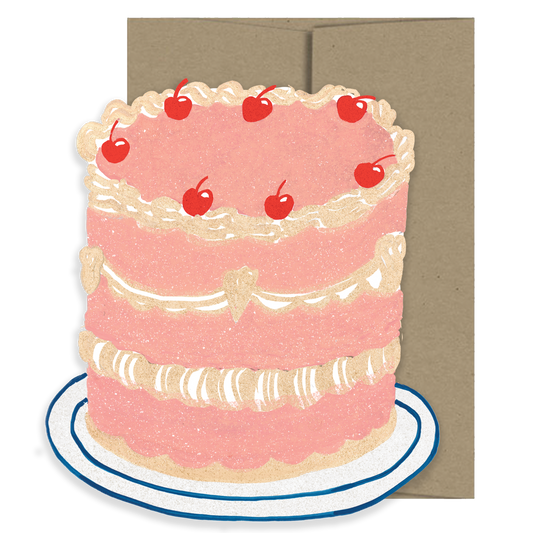 Card with a pink cake illustration and red cherries on top