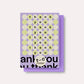 Greeting card with 'thank you' text in various colors on a purple background