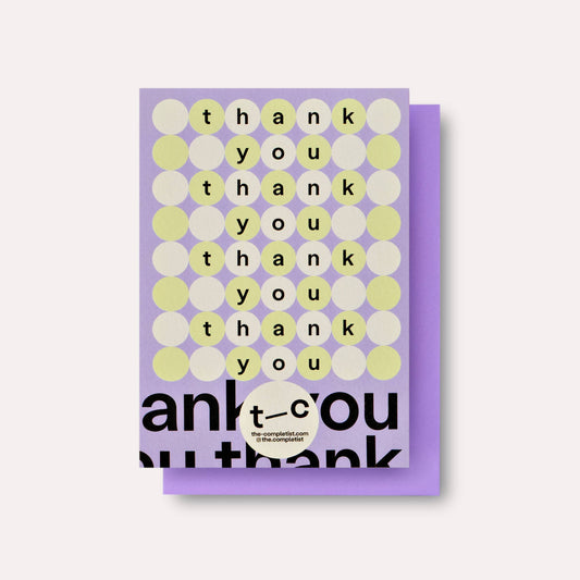 Greeting card with 'thank you' text in various colors on a purple background