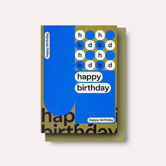 Birthday card with blue and gold design on a white background