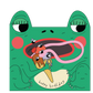 Illustration of a frog with ice cream and 'happy birthday' text on a white background