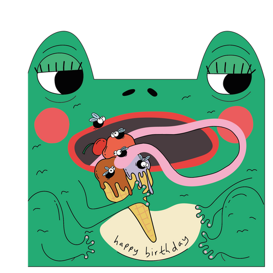 Illustration of a frog with ice cream and 'happy birthday' text on a white background