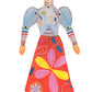 Colorful paper doll with a patterned outfit on a white background