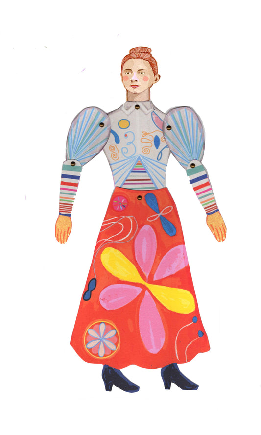 Colorful paper doll with a patterned outfit on a white background