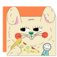 Illustration of a rabbit with a slice of pizza and a birthday ribbon on an orange background