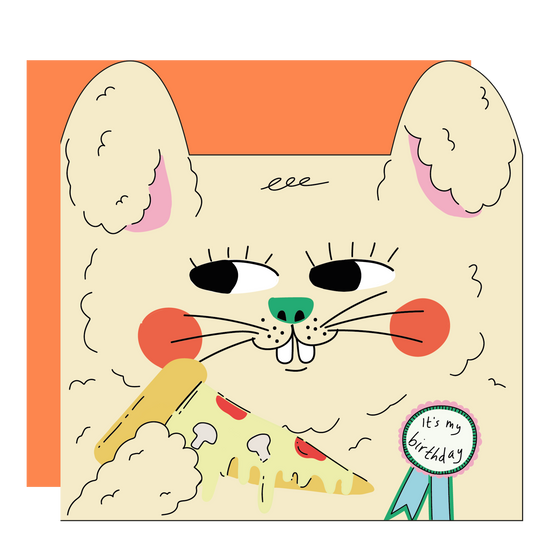 Illustration of a rabbit with a slice of pizza and a birthday ribbon on an orange background