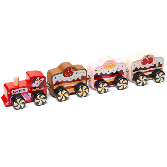 Wooden toy train set with cake-shaped cars on a white background