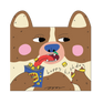 Illustration of a dog with a birthday card design, holding a bag of Skittles and blowing a bubble.
