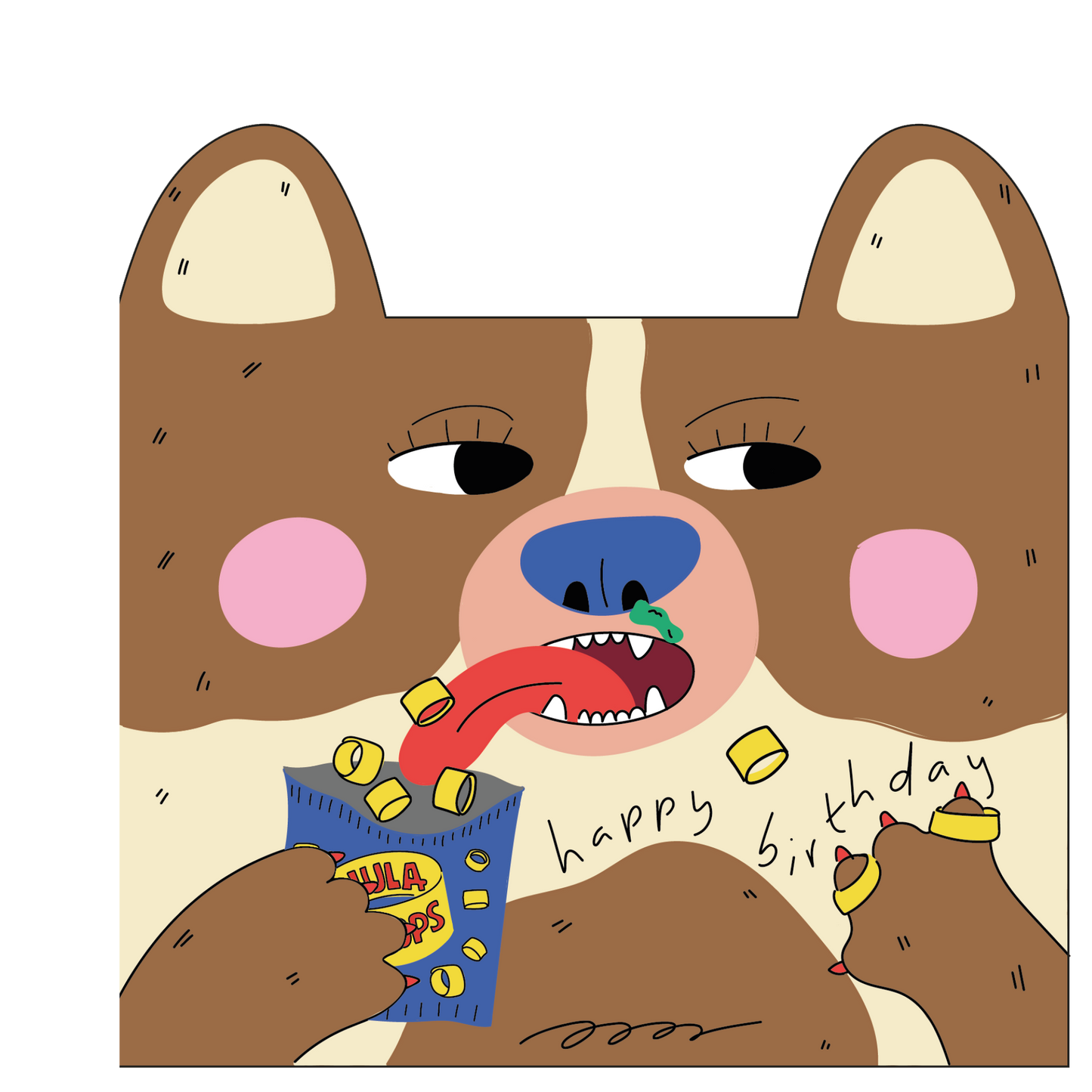 Illustration of a dog with a birthday card design, holding a bag of Skittles and blowing a bubble.