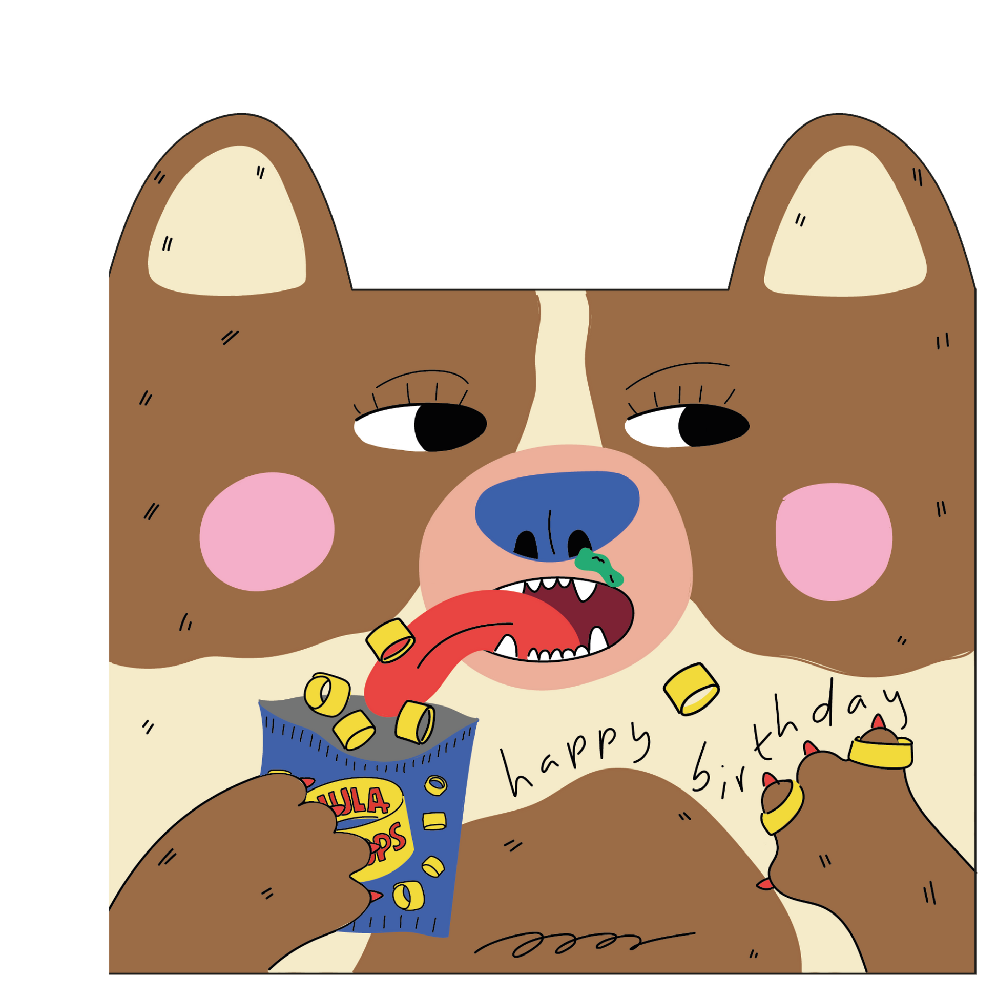 Illustration of a dog with a birthday card design, holding a bag of Skittles and blowing a bubble.