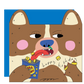Cartoon dog with a birthday cake and 'happy birthday' text on a blue background
