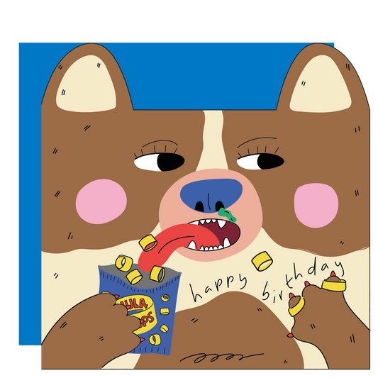 Cartoon dog with a birthday cake and 'happy birthday' text on a blue background