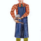 Cartoon character wearing a blue apron holding a silver object on a white background