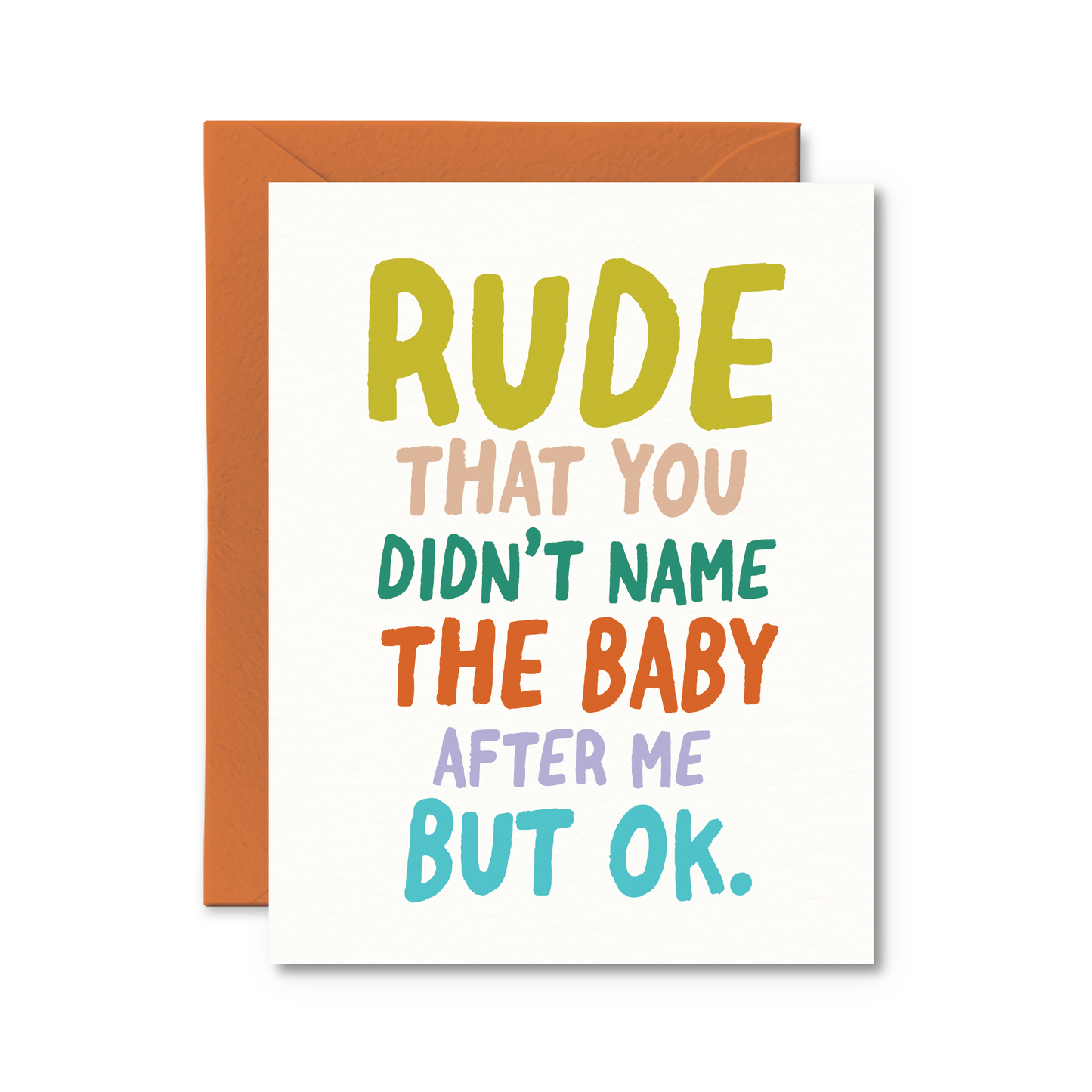 Card with colorful text on a white background
