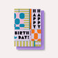 Colorful birthday card with geometric patterns on a white background