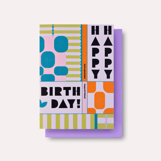 Colorful birthday card with geometric patterns on a white background