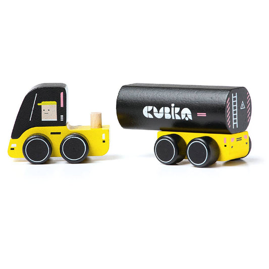 Toy truck with a black trailer labeled 'Cubika' on a white background