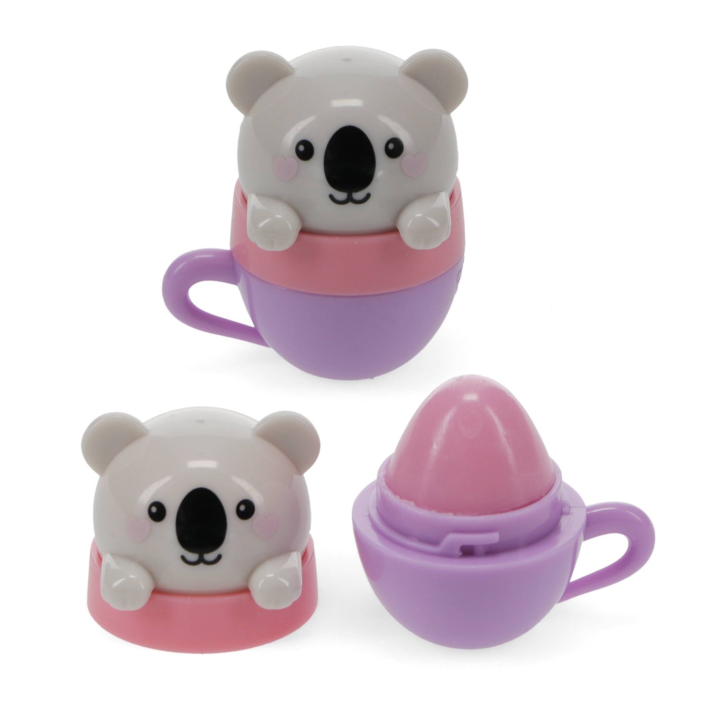 Two koala-themed lip balms, one in a purple cup and one in a pink container, on a white background.