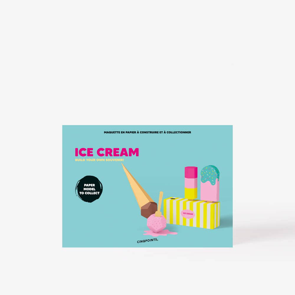 Product packaging with ice cream-themed design on a light blue background