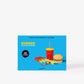Colorful illustration of a burger, fries, and drink on a blue background with 'Burger' text.