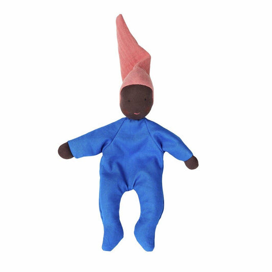 Baby doll with blue outfit and pink hat on a white background