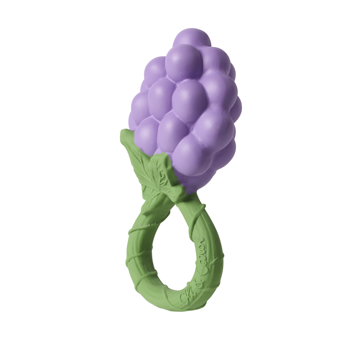 Purple grape-shaped teether with green base on a white background