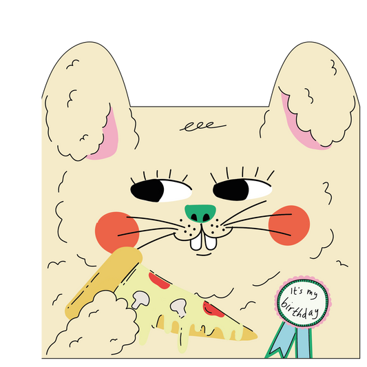Illustration of a rabbit with pizza and birthday ribbon on a beige background
