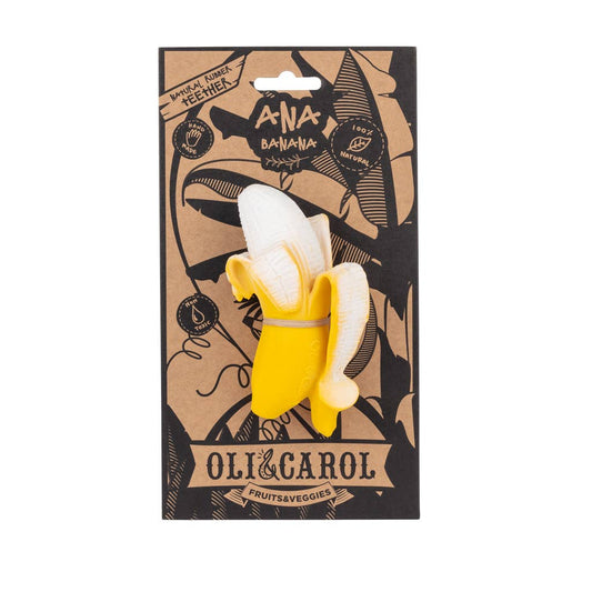 Yellow banana-shaped toy in packaging with 'Oli & Carol' branding on a white background
