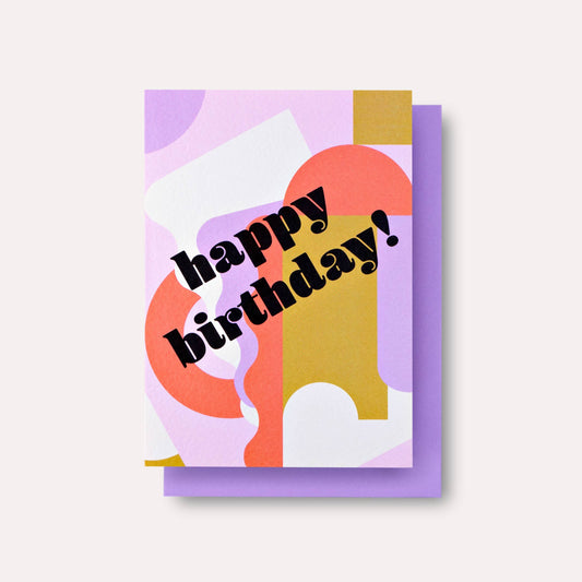 Colorful birthday card with abstract shapes and 'happy birthday!' text on a light gray background