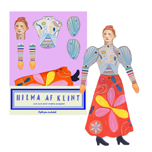 Hilma af Klint paper doll with accessories on a white background