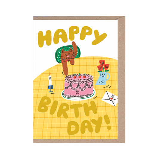 Birthday card with a cake, cat, and birthday elements on a yellow checkered background