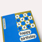 Blue birthday card with white and blue text and design elements on a white background