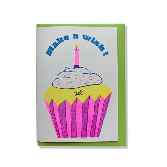 Greeting card with a birthday cupcake illustration and 'Make a wish!' text on a white background.