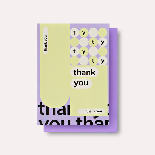 Two 'thank you' cards with a yellow and purple design on a white background