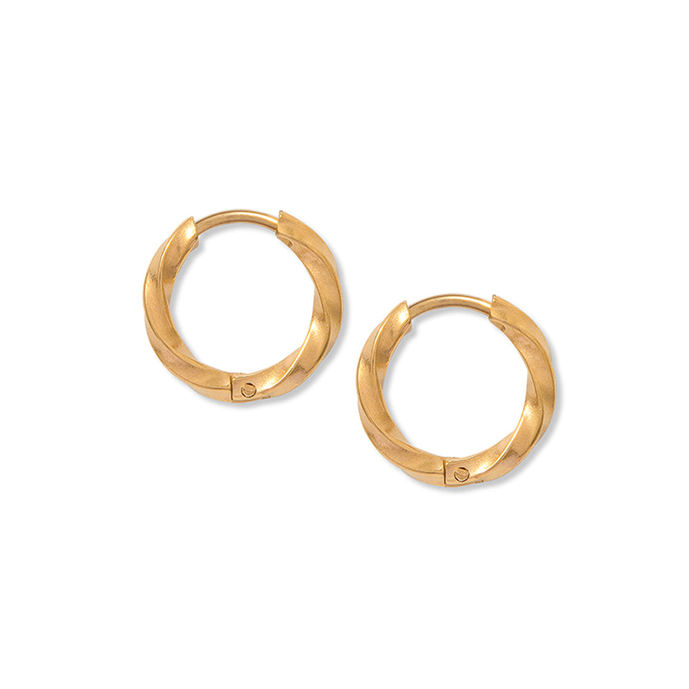 Close-up of the Bay Hoops, showcasing their modern twisted design crafted from durable, oxidising-free stainless steel then gold plated with a click-to-lock closure. Hypoallergenic, waterproof, and fade-resistant.