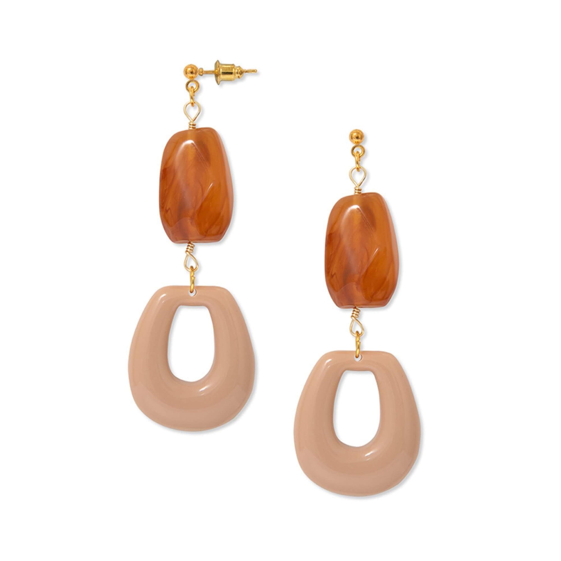 Close-up of the Maple Earrings, featuring a dusky pink horseshoe-shaped pendant and amber bead made from eco-friendly resin, suspended from 18k gold-plated hypoallergenic studs.