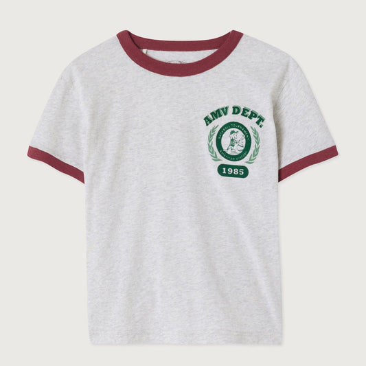 American Vintage Kids Grey Gamipy T-Shirt featuring a baseball-inspired chest print, with burgundy ribbed edging on the neckline and sleeves, displayed on a light background.