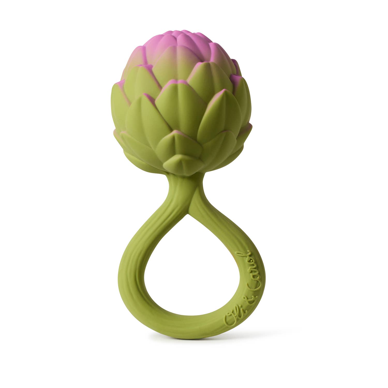 Natural rubber baby rattle shaped like an artichoke, eco-friendly, soft, and safe for sensory play and teething.