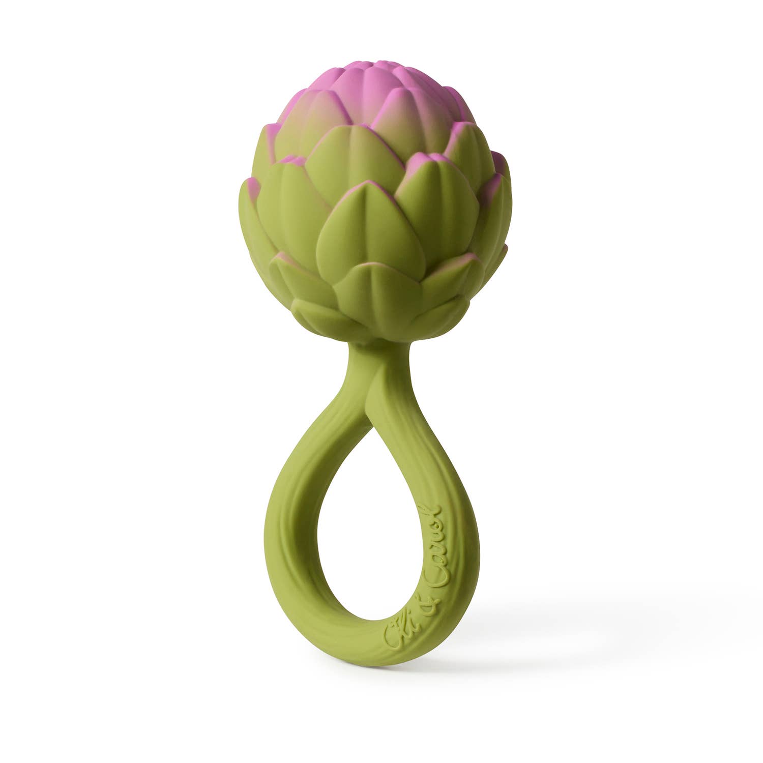 Natural rubber baby rattle shaped like an artichoke, eco-friendly, soft, and safe for sensory play and teething.