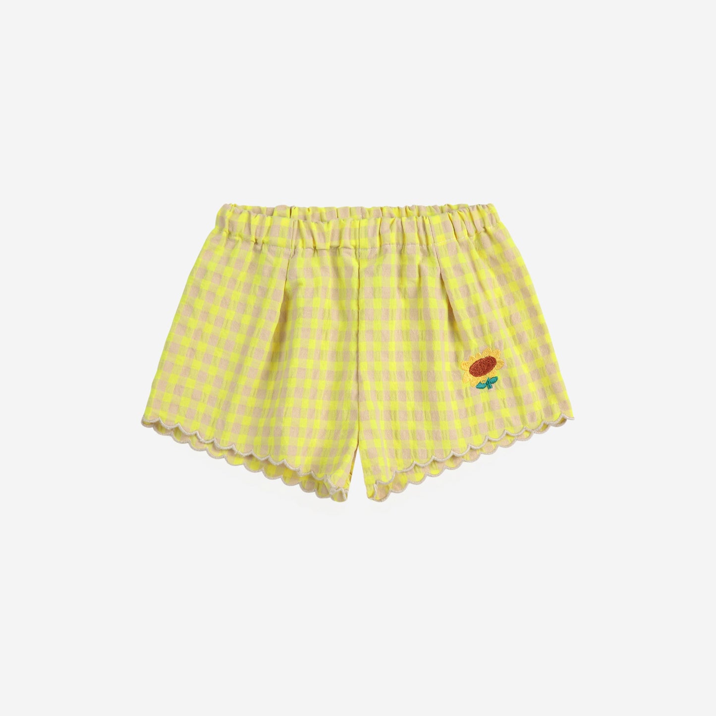 Bobo Choses Yellow Vichy ruffled shorts with sunflowew embroidered detail to the front.