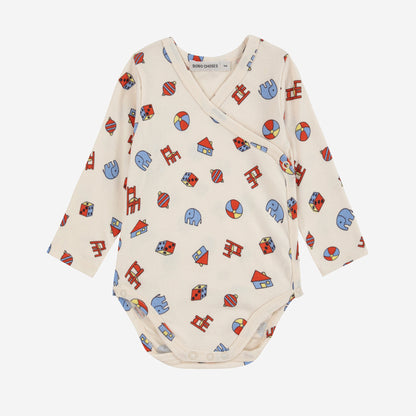 Baby bodysuit with colorful pattern on a white background