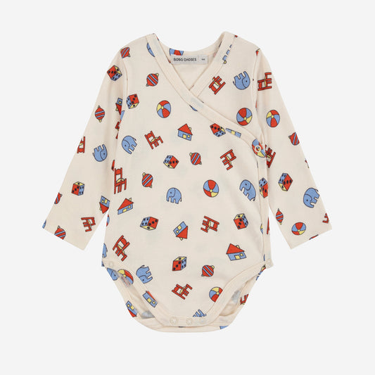 Baby bodysuit with colorful pattern on a white background
